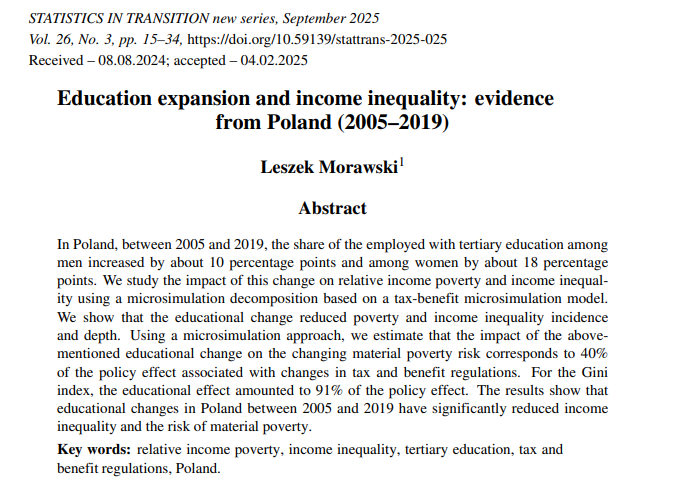 Jak ekspansja edukacji wyższej w Polsce wpłynęła na nierówności dochodowe i ubóstwo w długim okresie?
Wyniki badań: 
- znacząco zmniejszyła nierówności dochodowe, 
- znacząco zmniejszyła ryzyko ubóstwa.