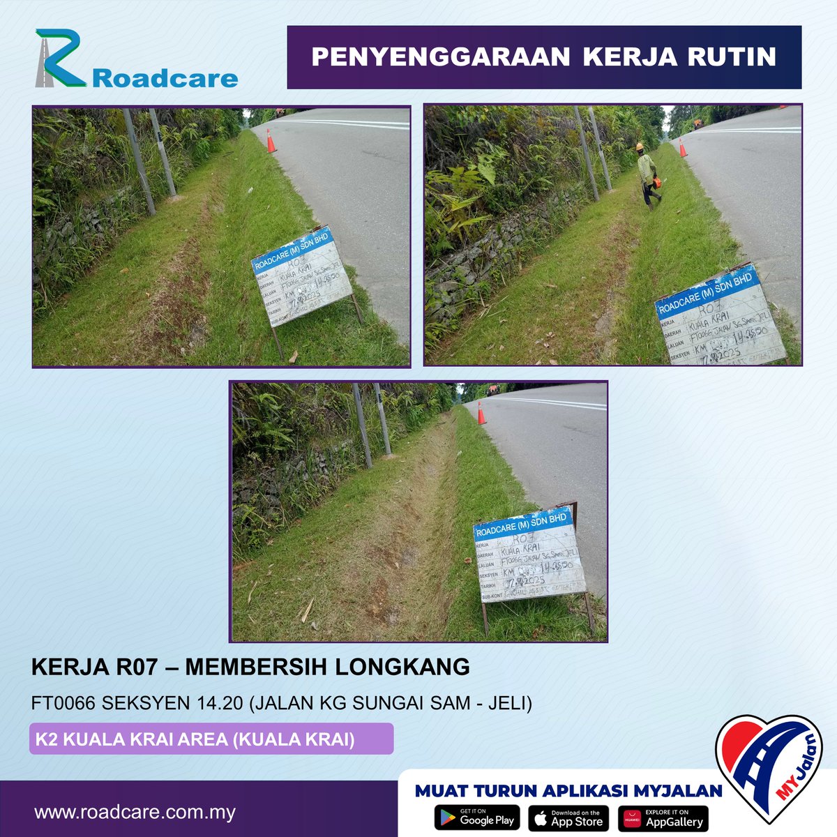 🚧👷‍♂️Kemas Kini Kerja-Kerja Rutin👷‍♂️🚧
Rutin : R07  - Membersih Longkang 
Tarikh :  12 Oct 2025    
Daerah : Kuala Krai, Kelantan    
Lokasi : FT0066 Seksyen 14.20 (Jalan Kg Sungai Sam - Jeli)