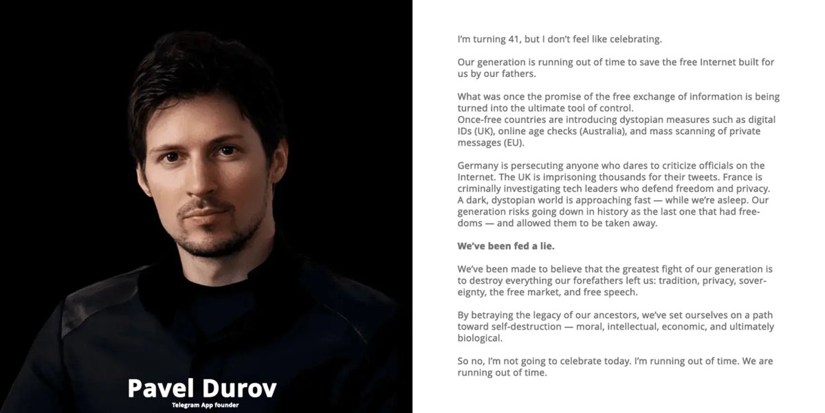 GregoryJ3D's tweet image. Tiden håller på att rinna ut...

Pavel Durov

#svpol #ChatControl #evil #hangemhigh