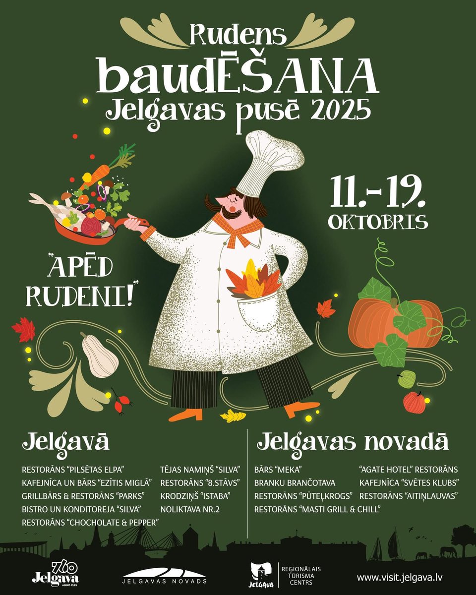 vidvuds9's tweet photo. APĒD RUDENI JELGAVĀ!

Līdz 19. oktobrim Jelgavā un tās apkārtnē notiek gardēžu svētki “Rudens baudĒŠANA Jelgavas pusē”, kurā restorāni un kafejnīcas piedāvā nobaudīt īpašas gardēžu maltītes no rudens veltēm. 

Foto: https://t.co/tn1Br5tEbu https://t.co/T6s7PnD8bt