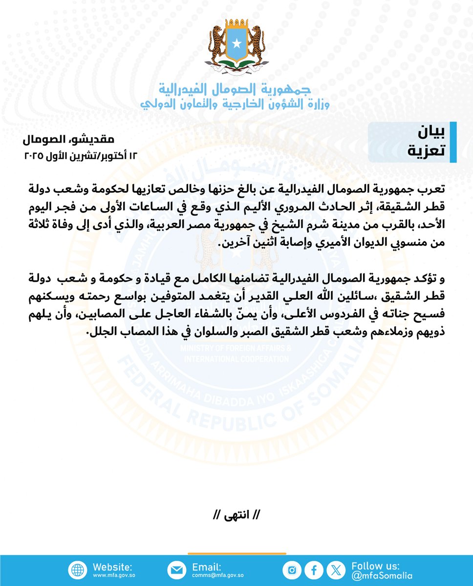 تعرب جمهورية #الصومال الفيدرالية عن بالغ حزنها وخالص تعازيها لحكومة وشعب #دولة_قطر الشقيقة، إثر الحادث المروري الأليم الذي وقع في الساعات الأولى من فجر الأحد، بالقرب من مدينة #شرم_الشيخ في جمهورية مصر العربية، والذي أدى إلى وفاة ثلاثة من منسوبي الديوان الأميري وإصابة اثنين آخرين.