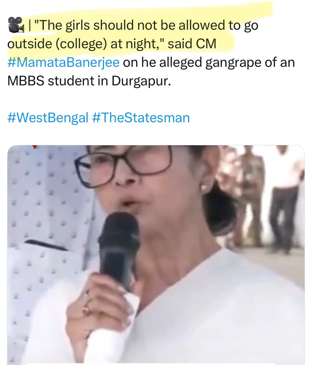 Once again CM Mamata Banerjee indulges in victim shaming and blaming 

"The girls should not be allowed to go outside (college) at night," said CM #MamataBanerjee on gangrape of an MBBS student in Durgapur. 

Instead of standing with the Beti
She blames the Beti and defends