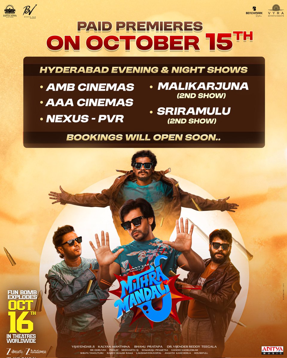 #MithraMandali Hyd paid premieres bookings will open soon 🔜