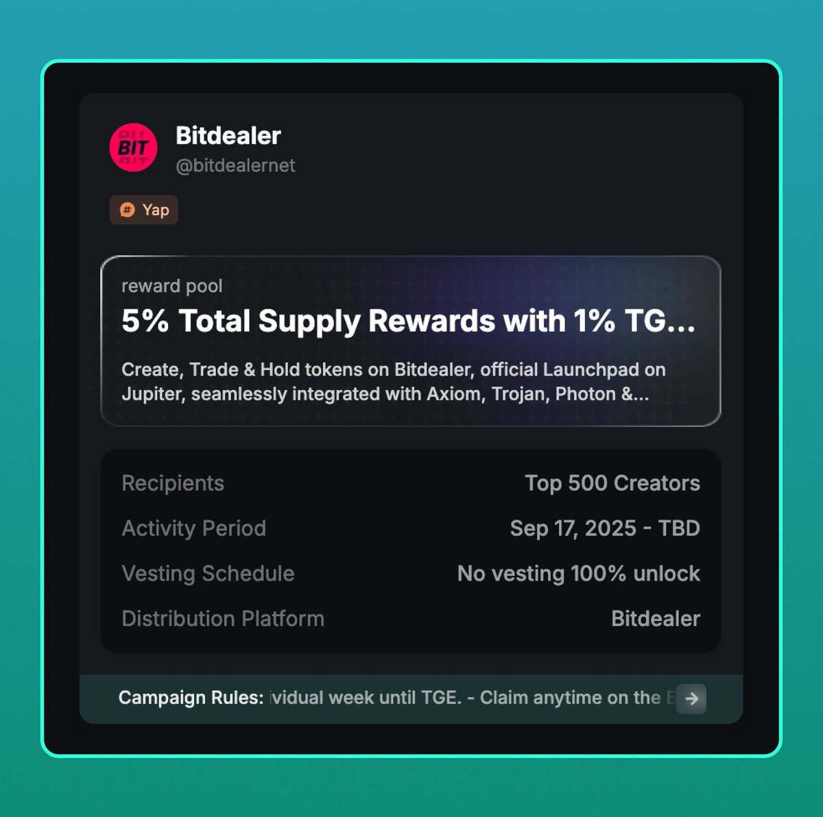 qodedstuff's tweet image. DAY 4 - GM with BITDEALER ❤

A great day is ahead of us 

@bitdealernet has launched its TGE Reward Campaign exclusively on Kaito, allocating 5% of the $BIT supply ($3.5M) for monthly community rewards. Of this, 1% ($700K) is dedicated to the TGE campaign, distributed across:…
