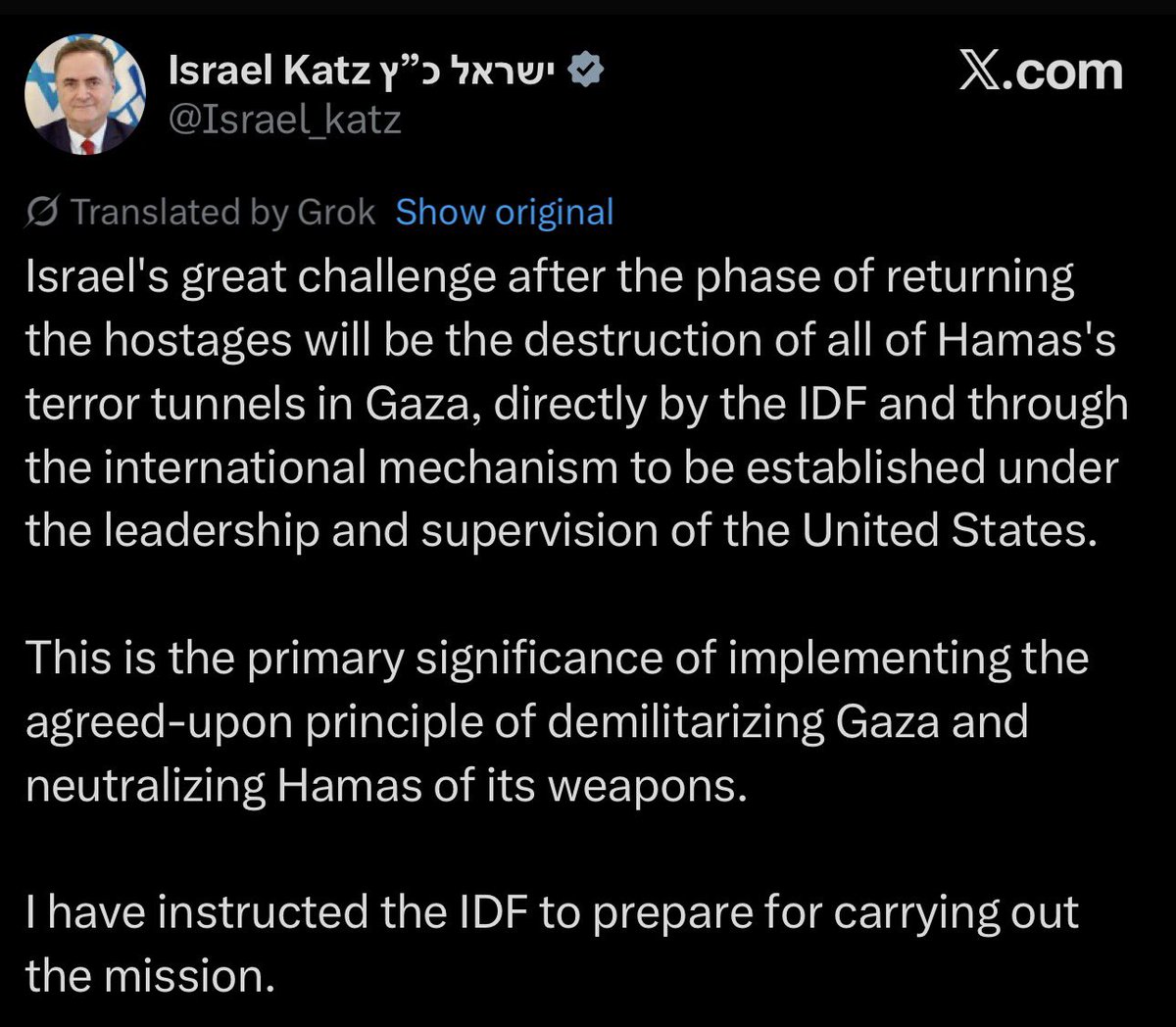 ⚡️🇮🇱BREAKING:

Israeli Minister of defense Katz is preparing the ground for renewed military action, marketed as a “demilitarization” and “tunnel destruction” campaign.

He wants to restart the ‘war’ following the release of Israeli captives.