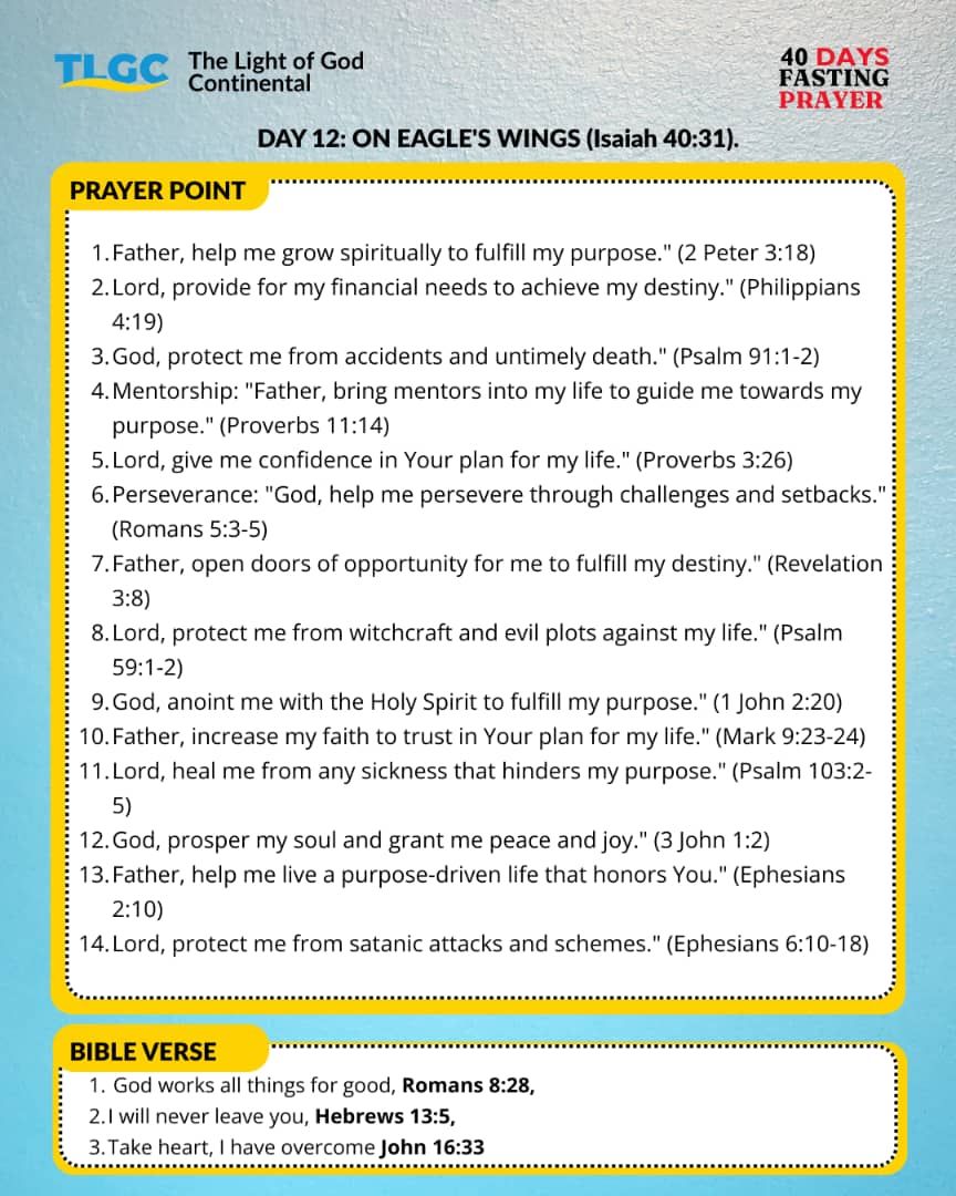 tlgcontinental's tweet photo. DAY 12: ON EAGLE’S WINGS 🕊️
(Isaiah 40:31)

Our 40 Days Fasting &amp; Prayers journey continues!
Today’s focus is on spiritual renewal and divine empowerment — that every calling, gift, and destiny may rise higher on eagle’s wings.

#TlgcFastingAndPrayer #OnEaglesWings #Day12#TLGC https://t.co/q3Ttv9AZvv