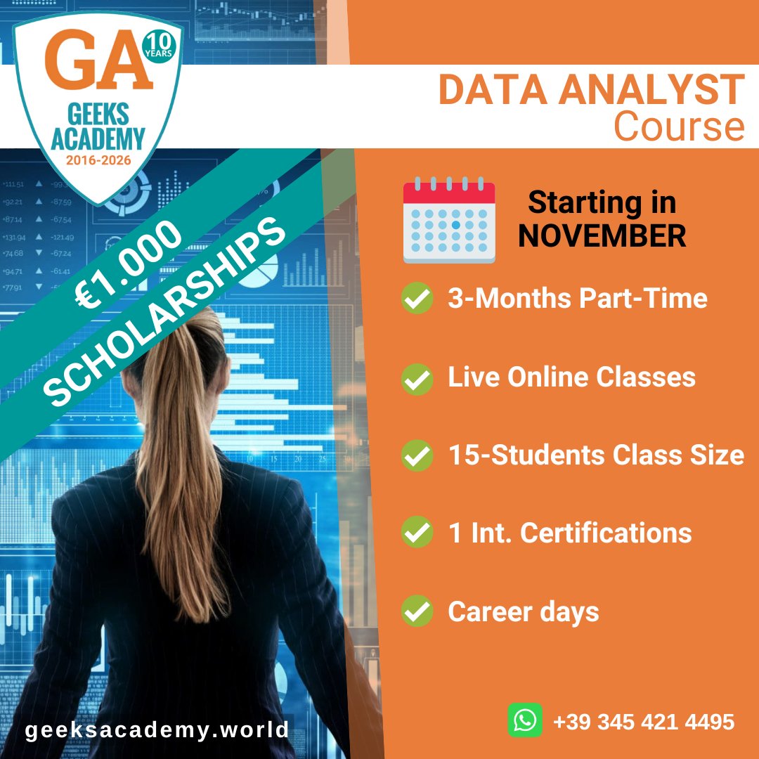 GeeksAcademyEu's tweet image. Geeks Academy turns 10 and offers 10 #scholarships worth €1,000.
Become a key player in the #DataEconomy with our 120-hour live #DataAnalyst Program.
No experience needed. Starting in November.
Live online, max 15 students, certification included.
is.gd/Data_Analyst_e…