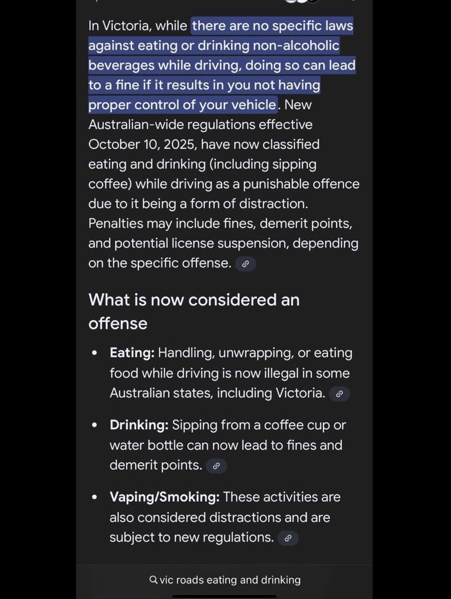 TruthFairy131's tweet image. ILLEGAL TO SIP WATER WHILE DRIVING IN AUSTRALIA 

Officially Australia has gone full retard. 

We used to drive around the country with a Melways on our lap to follow map directions &amp;amp; now apparently drivers on our roads are too stupid to have a sip of water while driving…