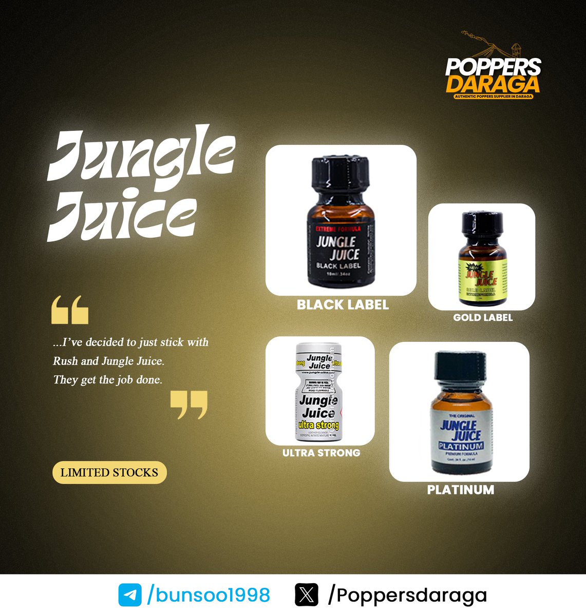 Ever since we started selling in Daraga, Jungle Juice so far ang may pinakamataas na reviews. So we often recommend it sa gusto matapang na poppers. Nag restock palang few days ago and now we have 4 stocks left. Dm nalang sa gusto.

#alterlegazpi #alterph #legazpi #daraga