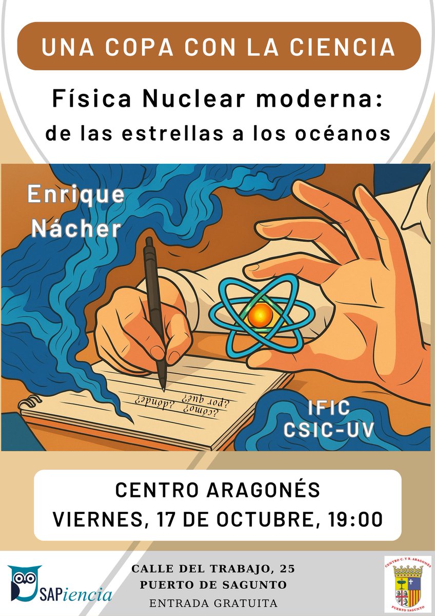 ¡Vuelve #UnaCopaConLaCiencia! 🤩

<a href="/KikeNacher/">Enrique Nácher</a> (<a href="/IFICorpuscular/">Inst.Fís.Corpuscular</a>) nos conducirá al interior de la materia para contarnos cómo es un experimento de física nuclear y algunas de sus aplicaciones en física médica o estudios medioambientales de ecosistemas marinos.

¡Os esperamos!