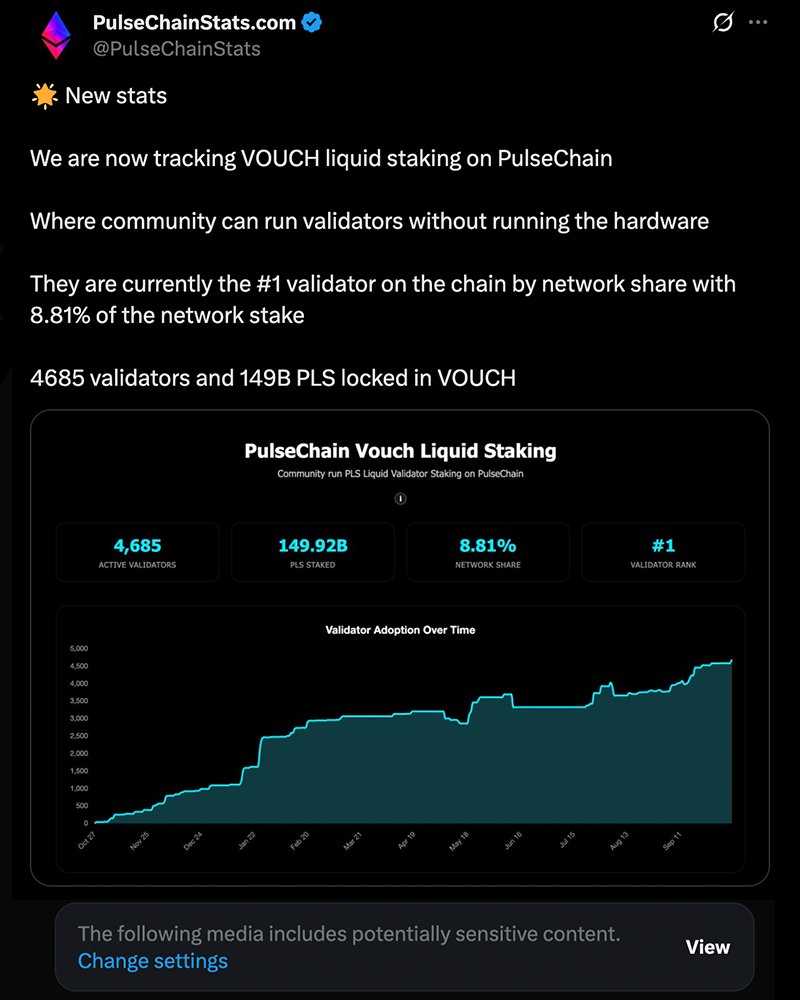 PulseChainStats's tweet photo. Hey @elonmusk @X @Support 

Can you please tell us why you are hiding our account and how is a post about a Validator statistics on PulseChain is being deemed sensitive content and hidden?

If you can see this post please hit like so X stops flagging our content. https://t.co/1uUhABRudf