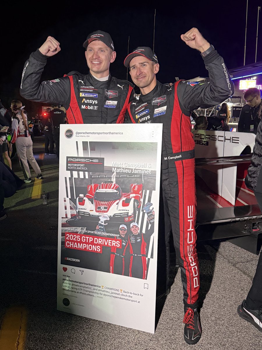 racing_porsche's tweet photo. Congratulations to @PorscheRaces & @Team_Penske they are Back-to-back @IMSA champions for 2025 with  @mattcampbell22_ & @mathieu_jaminet in the GTP Class at @roadatlanta #PetitLeMans #PorscheOnTrack 

GTP Class 
🥇IMSA Drivers Champions
🥇IMSA Team Champions
🥇IMSA Manufacturers' Champions
🥇IMSA Endurance Cup Champions

#PorscheMotorRacing🔴🟡🔵⚫️