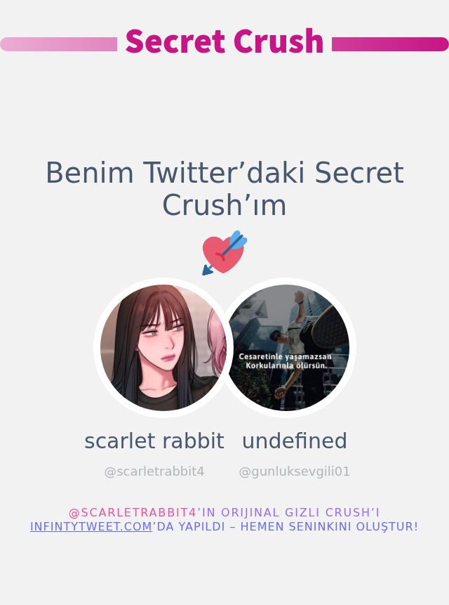 Benim Twitter’daki Secret Crush’ım <a href="/gunluksevgili01/">Günlüksevgili.</a>

➡️ infintytweet.me/secret-crush?l…