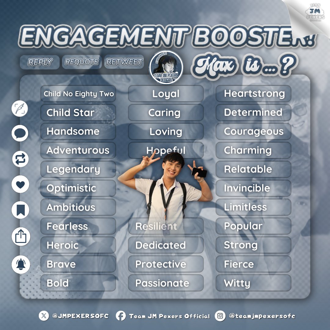 𝗘𝗡𝗚𝗔𝗚𝗘𝗠𝗘𝗡𝗧 𝗕𝗢𝗢𝗦𝗧𝗘𝗥 𝗧𝗜𝗠𝗘 ˳ᐟ

Max is ____?

Can you help Max find the word that best describes him?

Drop your answers below with our tags! Let’s aim to hit a thousand replies.

JMIBARRA CONQUERS CINEMALAYA