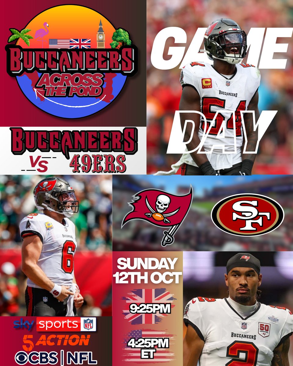 BuccaneersATP's tweet photo. It's finally SUNDAY! 

Bucs (4-1) 🆚 49ers (4-1)
🗓️ Tonight, Sunday 12th October
🕤 9:25pm 🇬🇧 // 🕟 4:25pm ET 🇺🇸
📍 Raymond James Stadium, Tampa

📺 Sky Sports NFL &amp; 5Action 🇬🇧 // NFL on CBS 🇺🇸 https://t.co/JYocML5t6D