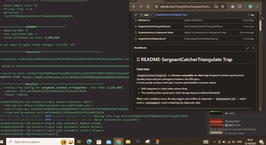 dav_crypt's tweet image. Finally guys, I did it 😭 -I deployed my very own unique trap by myself. 🤦♂️🤦♂️!
The road wasn’t easy. From countless screen sessions, RPC switches, and deep stack headaches, SergeantCatcherTriangulate finally came alive and in grand style.
Every error that broke my Drosera relay…