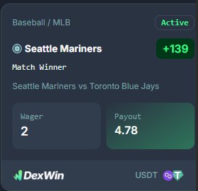 OwhePikin's tweet image. ⚾ Seattle Mariners vs Toronto Blue Jays 🔥
Best betting odds in MLB baseball today!
2 $USDT on Seattle Mariners to win 4 $USDT 💰
Enjoy anonymous betting &amp;amp; instant bonuses with @DexWin_Sports — the Web 3.0 betting game-changer!