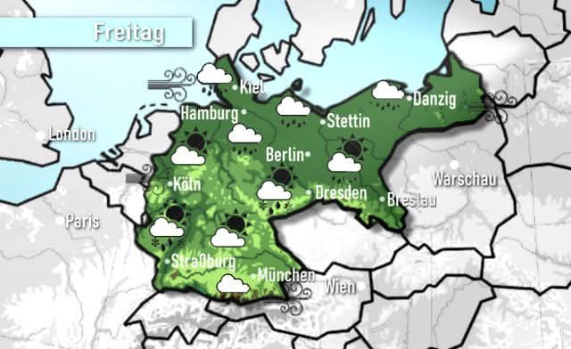 Dennoch muss unsere Forderung entschlossen bleiben, und wir werden niemals unseren Anspruch auf die Wiederherstellung der Grenzen von 1914 aufgeben.
Eine resolute deutsche Regierung würde die Wetterkarte so darstellen. Das ist ein erster großer Schritt zur Lösung des Konflikts.