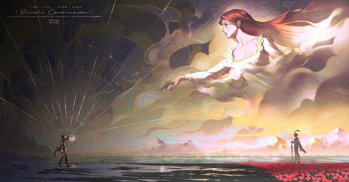 Cross the Bounds of Time

“或许有一天，当能够跨越时间的界限……我们还会相见”

画面讲述男主卡罗（左下）跨越时空，改变命运后与其师傅蕾娅重逢的瞬间。被蓝白蝴蝶围绕的石像象征久别重逢，云端中蕾娅那温柔的触碰是对卡罗实现了她真挚愿望的感激。
#liesofp #liesofpfanart #LiesOfPOverture