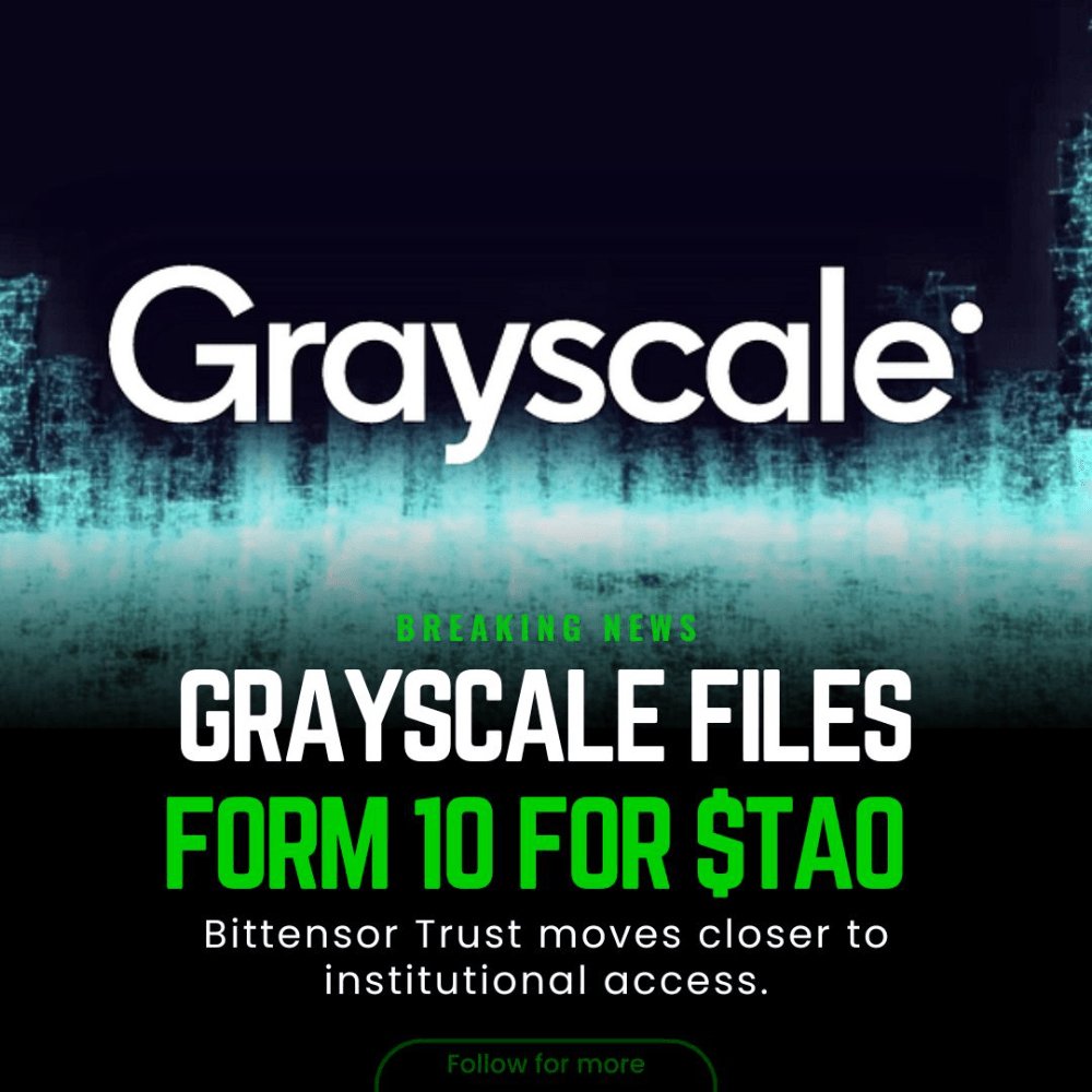 CNCSignalGlobal's tweet image. 🚨 BIG: Grayscale just filed a 𝗙𝗼𝗿𝗺 𝟭𝟬 for its 𝗕𝗶𝘁𝘁𝗲𝗻𝘀𝗼𝗿 𝗧𝗿𝘂𝘀𝘁 ($𝗧𝗔𝗢).
AI + Crypto = The next wave? 🌊
#Grayscale #Bittensor #TAO #Crypto #ETF #Blockchain #AI