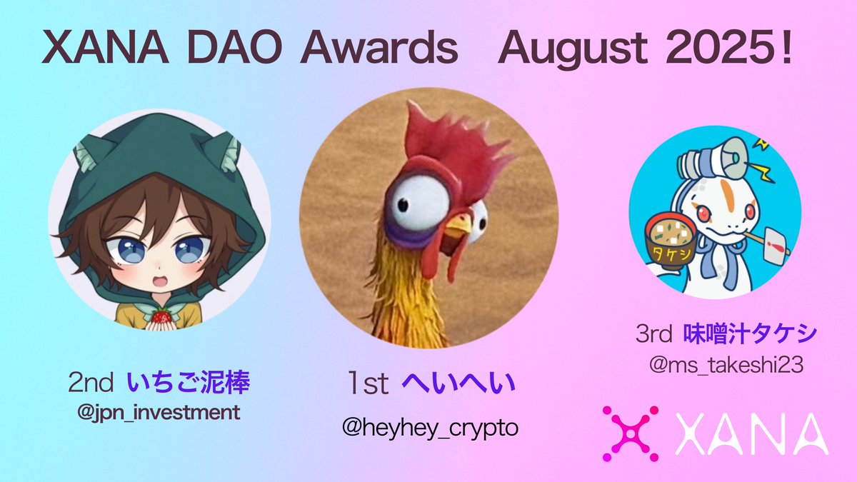 XANA 🇯🇵 (@xana_jp) on Twitter photo 🌟【XANA DAO Award 2025年8月】発表!
🎉8月の #XANA DAO Award 表彰者が決定しました!
🥇 へいへい(<a href="/heyhey_crypto/">へいへい</a>)
🥇 いちご泥棒(<a href="/jpn_investment/">いちご泥棒🍓</a>)
🥉 味噌汁タケシ(<a href="/ms_takeshi23/">味噌汁タケシ🍽 XANAメタバースクリエイター×🇳🇿海外在住×管理栄養士×web3</a>)
Voicy要約からメタバース盆踊りまで🎐 🌟【XANA DAO Award 2025年8月】発表!
🎉8月の #XANA DAO Award 表彰者が決定しました!
🥇 へいへい(<a href="/heyhey_crypto/">へいへい</a>)
🥇 いちご泥棒(<a href="/jpn_investment/">いちご泥棒🍓</a>)
🥉 味噌汁タケシ(<a href="/ms_takeshi23/">味噌汁タケシ🍽 XANAメタバースクリエイター×🇳🇿海外在住×管理栄養士×web3</a>)
Voicy要約からメタバース盆踊りまで🎐