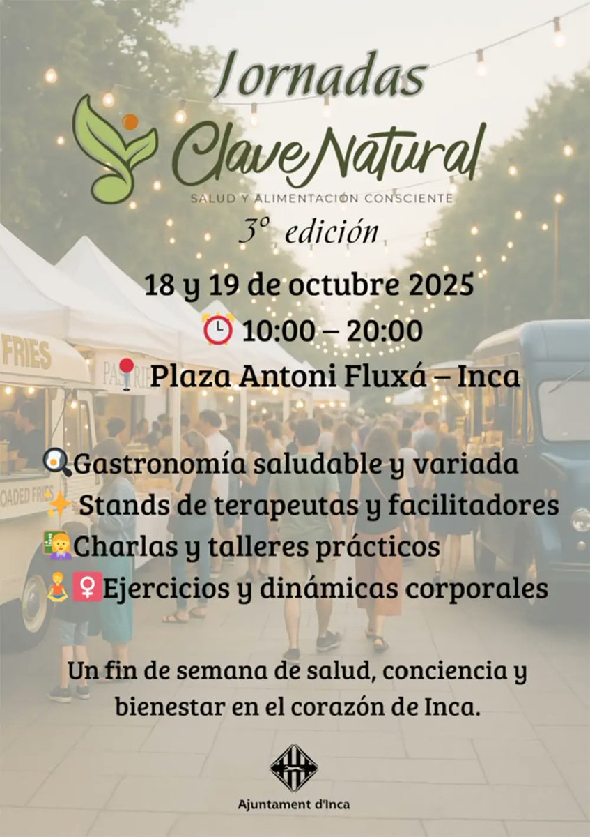 🌱 El pròxim cap de setmana, dins la Primera Fira d’Inca, arriba Clau Natural!
Tallerets, paradetes i activitats per a una salut integral i sostenible 🍃🧘‍♀️
📍 Plaça Antoni Fluxà
#FiresInca2025 <a href="/incaciutat/">Ajuntament d’Inca</a> <a href="/dijousbo/">Fires Inca 2025</a> 💚