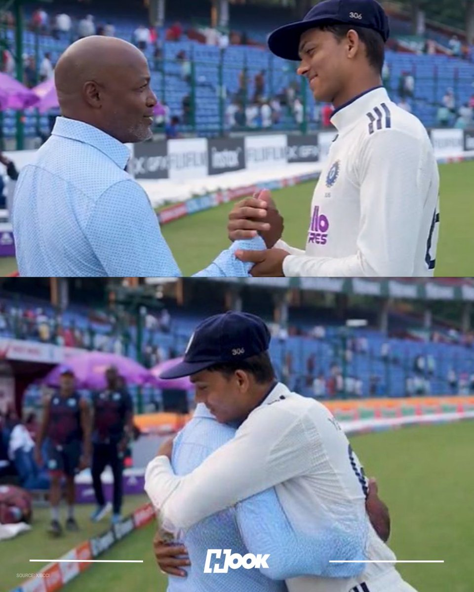 hookonline_'s tweet image. West Indies legend Brian Lara shared a light moment with Yashasvi Jaiswal after Day 2 of the Delhi Test,  telling him, “Don’t beat our bowlers that bad, Jaiswal!” 
#BrianLara #YashasviJaiswal #INDvWI #Cricket #ViralMoment
