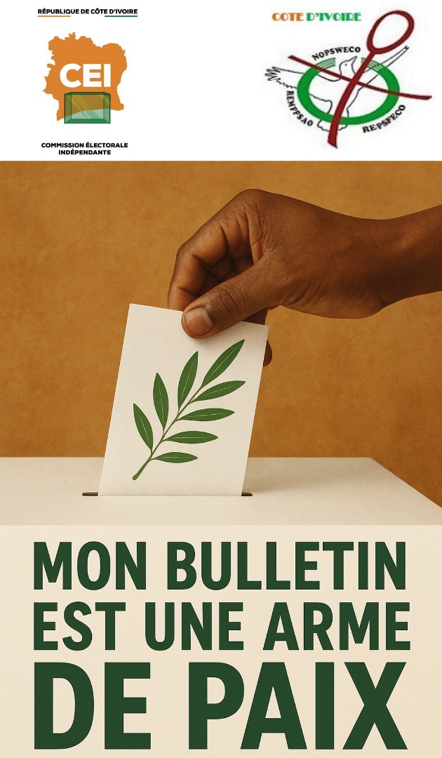 Toutes et tous, activons nos voix pour des élections apaisées.
@CEI_Alerte_Fake <a href="/macei_ci/">CEI Côte d'Ivoire</a> 
<a href="/REPSFECO_Bureau/">REPSFECO Régional</a> ; <a href="/GtfjpsA/">gtfjps-aos</a> , <a href="/UN_UNOWAS/">UNOWAS</a>
 #paix
#CIV225