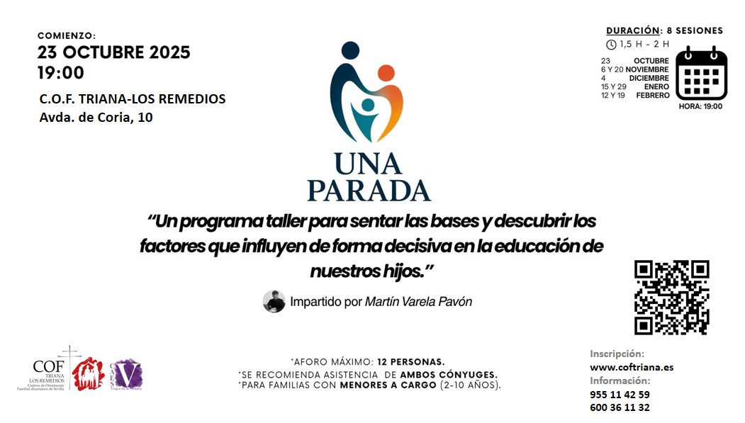Taller "Una Parada"
Dirigido a padres de niños de 2-10 años
Impartido por Martín Varela
Comienzo 23 de octubre 
<a href="/TrianaCof/">COF Diocesano Triana</a> Avda de Coria 10
Más información e inscripción coftriana.es/para-el-matrim…