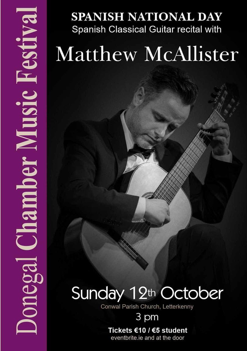 As part of the <a href="/DonegalCMS/">DonegalChamberMusic</a> Festival and to celebrate SPANISH NATIONAL DAY, there will be a  Spanish Classical Guitar recital with <a href="/McAllisterpluck/">Matthew McAllister</a> taking place in Conwal Parish Church at 3pm today. Come along!