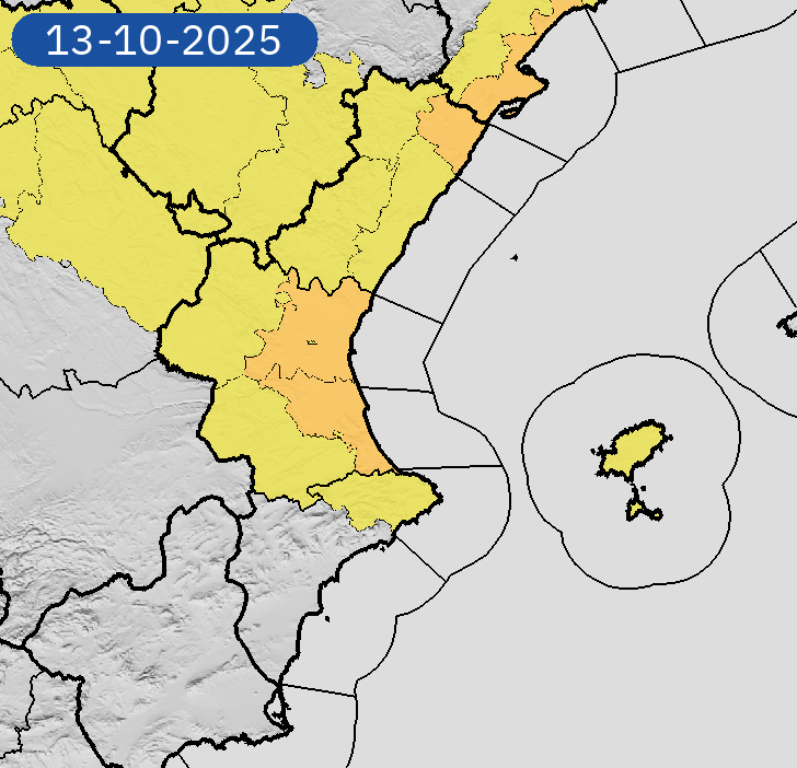 AEMET_CValencia's tweet photo. 12/10 11:54 Avisos  activos hoy y mañana en Comunitat Valenciana por lluvias y tormentas. Nivel máximo de aviso: naranja.
Actualizaciones en https://t.co/R3Fs2JzKgr https://t.co/4oaGVFmsMb