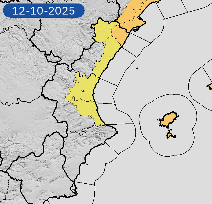 AEMET_CValencia's tweet photo. 12/10 11:54 Avisos  activos hoy y mañana en Comunitat Valenciana por lluvias y tormentas. Nivel máximo de aviso: naranja.
Actualizaciones en https://t.co/R3Fs2JzKgr https://t.co/4oaGVFmsMb