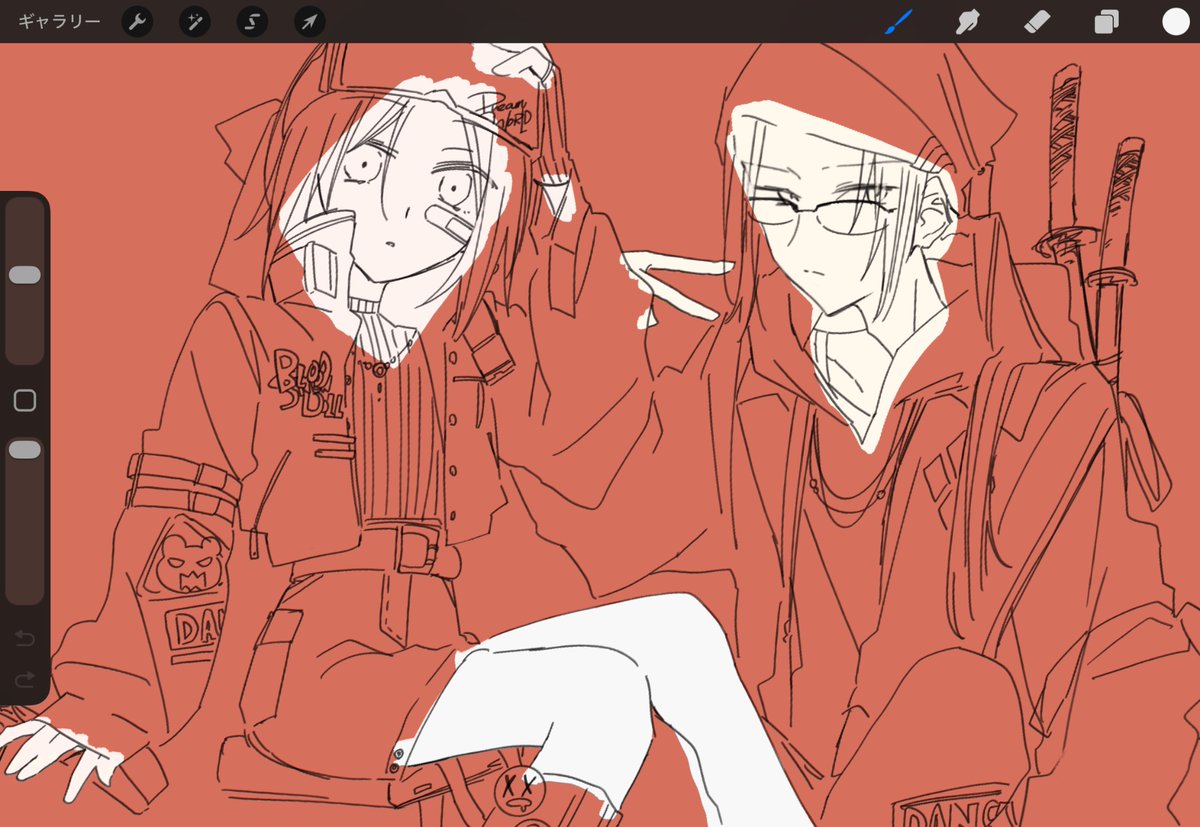 Tenka_Tansan's tweet image. 絶賛FA描いています〜！
これのバックに今日落としたグラフィティをバーン！と貼りたい！！
炭酸さん〜？無い様で一応存在する微妙なカプを描かないで、本編に出てくる組み合わせで描いてください〜。(笑)
＃イラスト　＃Procreate wip