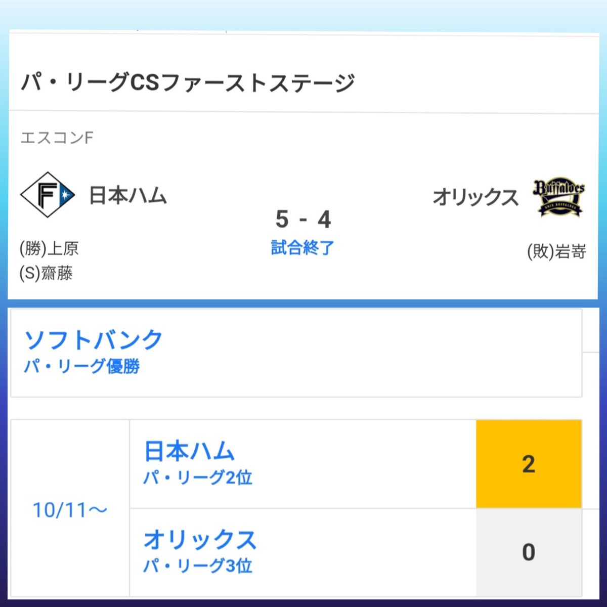 rojiura8405's tweet image. #SJR765
関西人ですけど #パリーグ⚾️
#北海道日本ハムファイターズ ファンの私
#CSファーストステージ
🦊ハムホー＼(^-^)／　二連勝
昨日は伊藤大海選手で、ハムホー