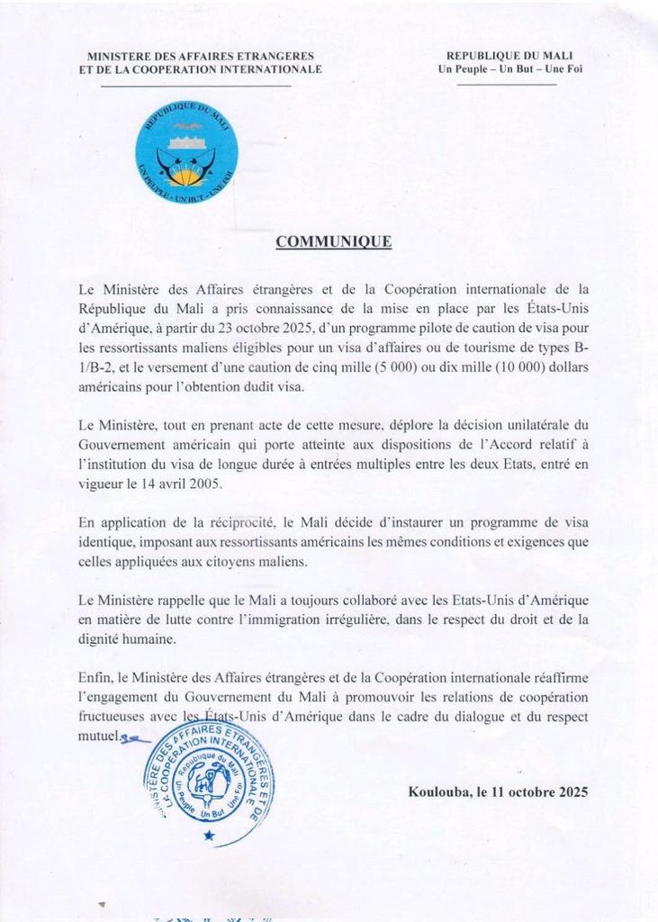 #Mali - #USA : « En application de la réciprocité, le Mali décide d'instaurer un programme de visa identique, imposant aux ressortissants américains… »