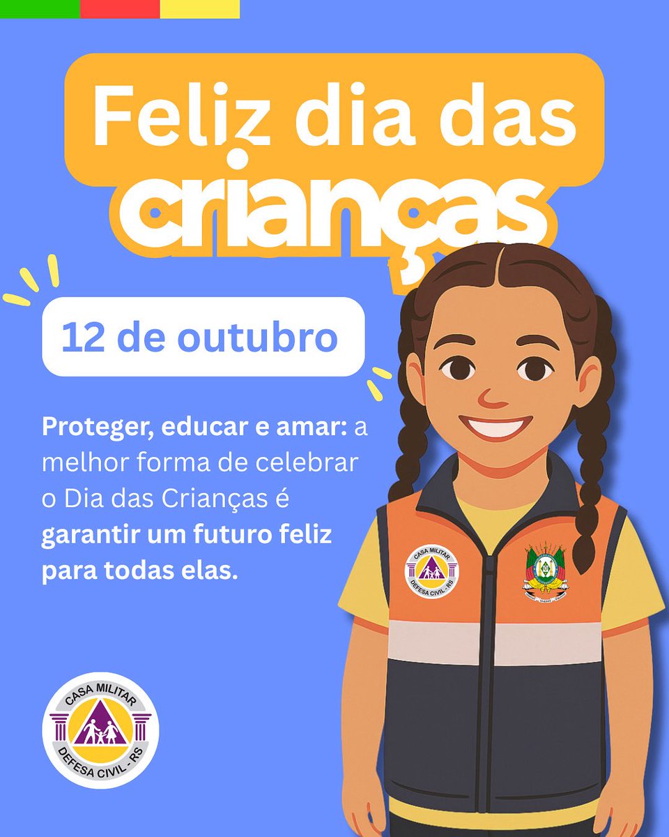 👧🧒 Neste dia 12 de outubro, celebramos a alegria, a esperança e o futuro que queremos proteger!

A Defesa Civil Estado trabalha para que cada infância seja vivida com segurança e tranquilidade. 

Feliz Dia das Crianças! 💙🧡