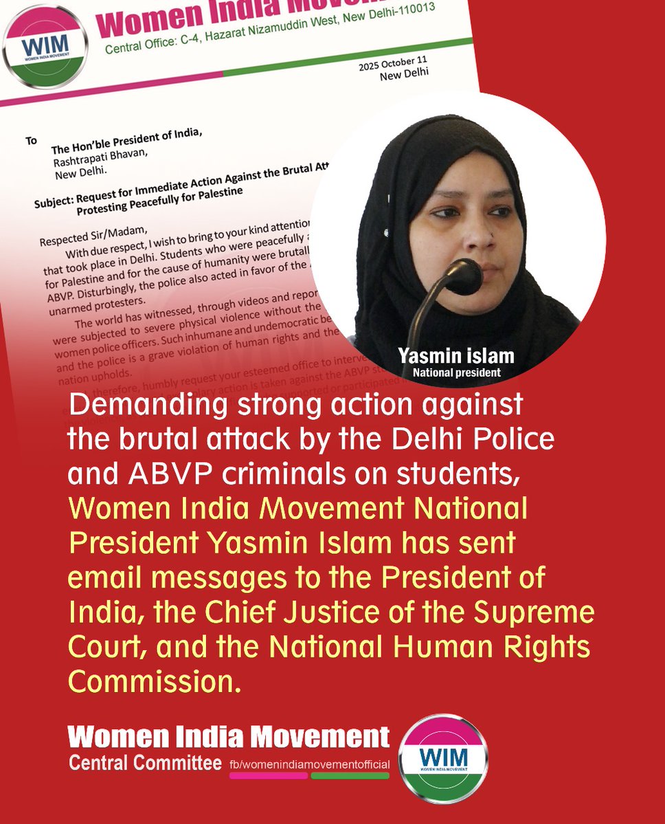 WIMNational's tweet image. When students raise their voices for justice, the nation should listen : not attack.
WIM condemns the assault on Delhi University students who stood for peace.
We demand justice, accountability &amp;amp; protection of democratic rights.
#WIM #JusticeForStudents #StandWithPeace #🇵🇸