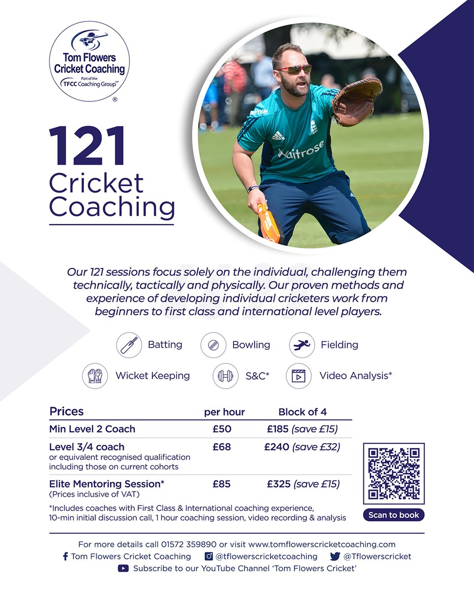 Take your game to the next level with 121 sessions! 📈

Suitable for beginners to first-class and international cricketers! 🏏

📍 Also available at <a href="/CricketRutland/">Rutland Cricket Centre 🟢🟡</a>
👕 Teamwear by <a href="/Bespoke_Cricket/">Bespoke Cricket ⚪⚫</a>

📲 Know more: tomflowerscricketcoaching.com/one-to-one-coa…

#cricket