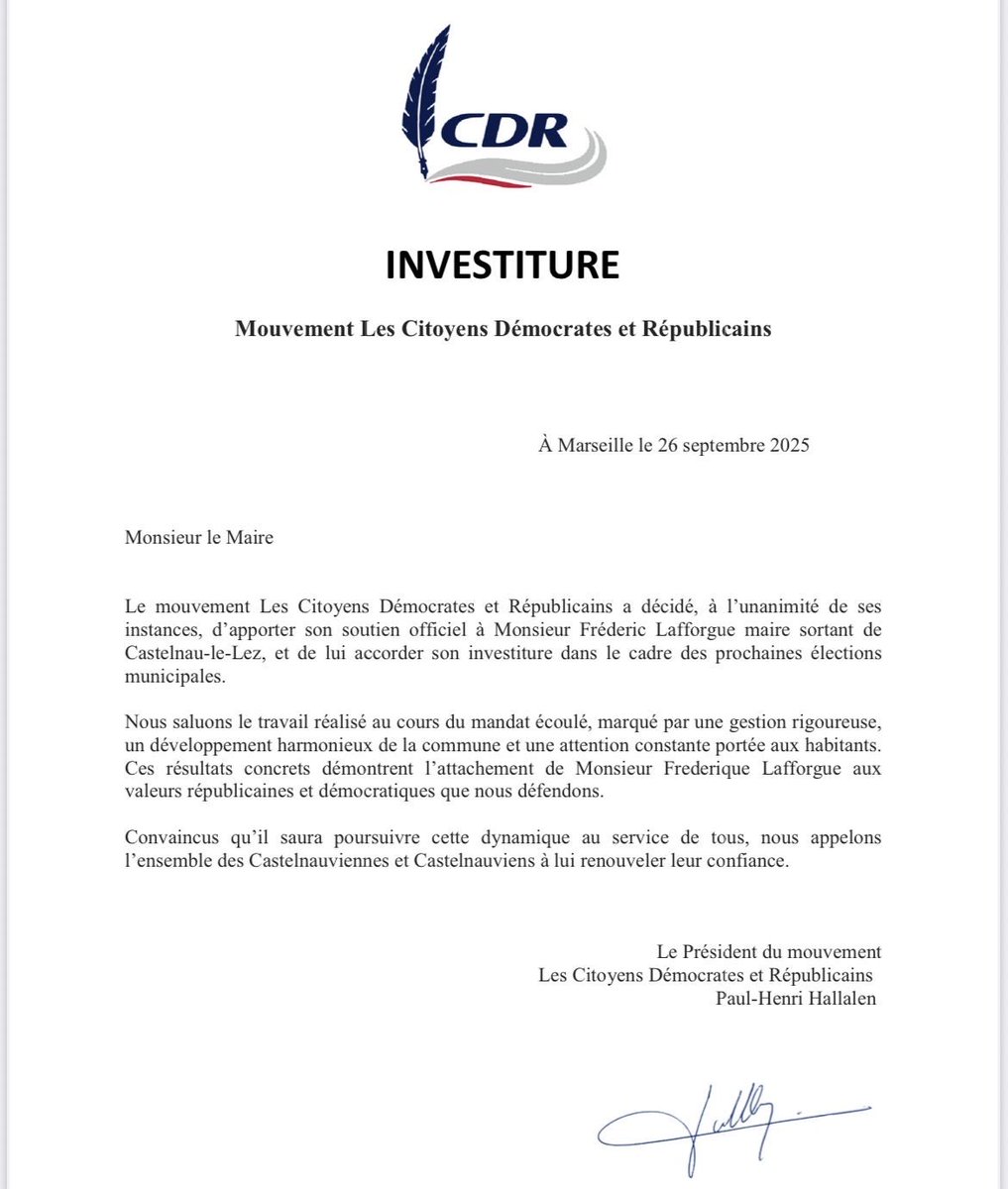 Le <a href="/CDRofficiel/">CDR</a> investit <a href="/FLafforgue/">Frédéric LAFFORGUE</a>, maire de <a href="/CastelnauleLez/">Castelnau-le-Lez</a> et lui apporte son soutien unanime, afin qu’il poursuive le développement de sa ville au service de tous ses habitants.
Nous appelons l'ensemble des Castelnauviennes et Castelnauviens à lui renouveler leur confiance.