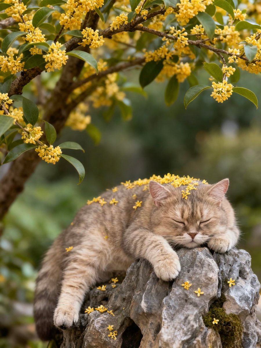 桂花树下桂花猫，慵懒悠闲度暮朝。
＃秋日美景 ＃桂花 ＃猫咪