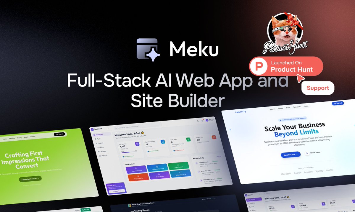 ShafiqHammad10's tweet image. So proud of what the team built 👇

producthunt.com/products/meku

We launched @meku_dev  on @ProductHunt  - AI web app builder that lets you go from idea to live web app in minutes.

Your support and feedback is appreciated!