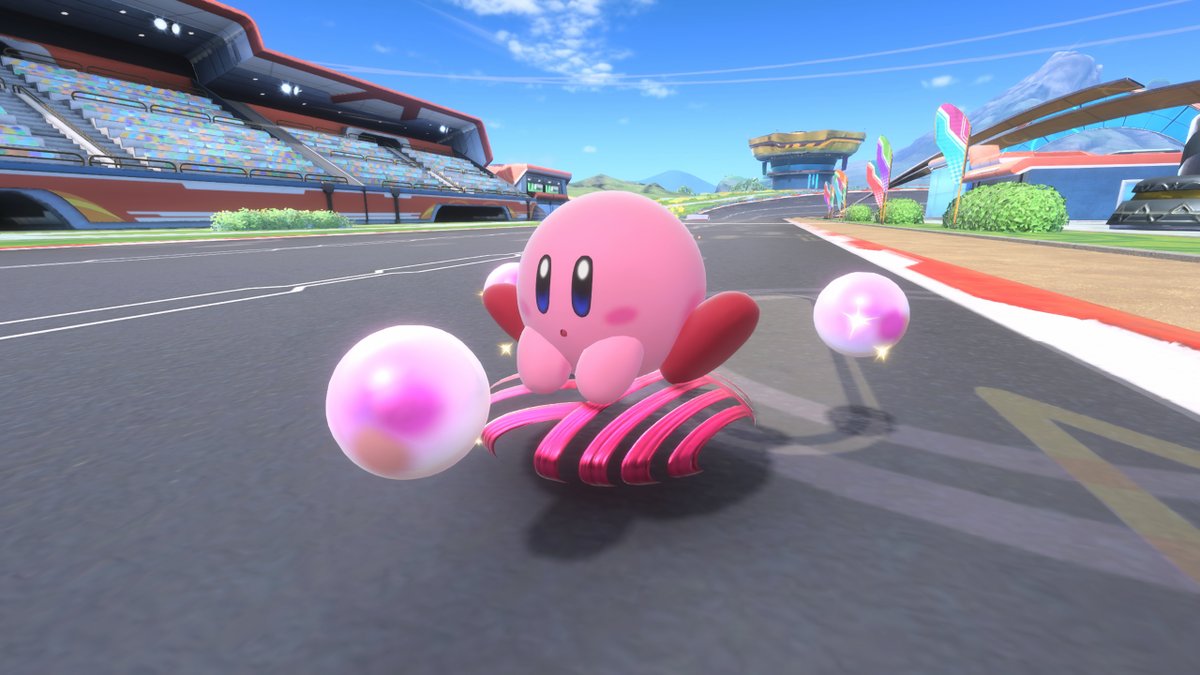 The Slick Star slips and slides around with almost no friction. It can be challenging to handle, but it certainly has a unique feel to it! Drifting won't lose you much speed, either. #KirbyAirRiders
