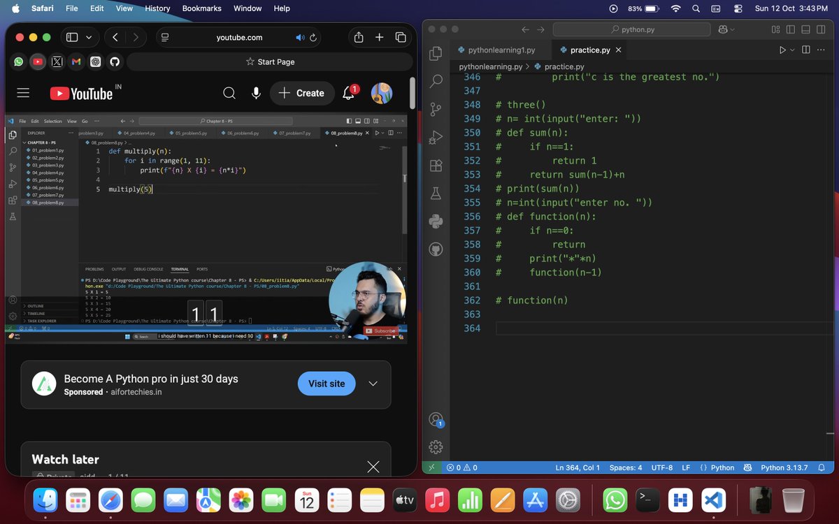 alien_xnip's tweet image. Today I revised Functions and recursions with some practice set🔖
#pythonlearning