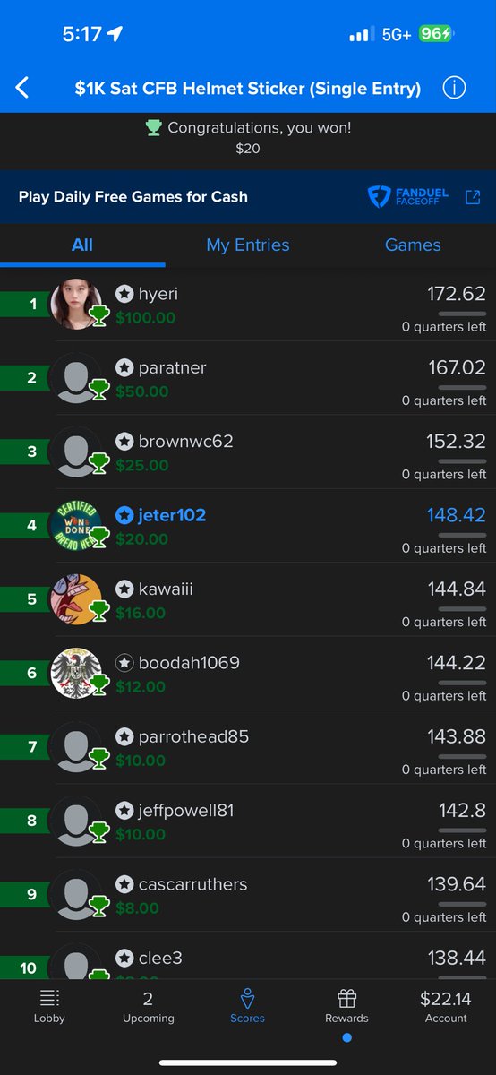 Decent day of course I played Mateer 🤷🏻‍♂️😤 he cost me some 💰 #draftkings #fanduel #cfb
