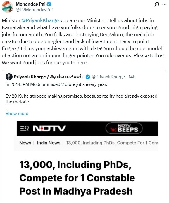 Namaskara <a href="/TVMohandasPai/">Mohandas Pai</a> Avare, 

Interesting that you seem to be quite proactive in criticising and trying to haul this government over coals, while awfully quiet about a national employment disaster at our doors. 

Nice that you’ve suddenly found your voice to criticise and