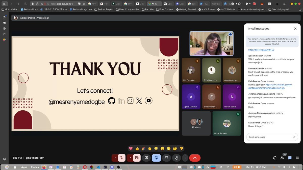 CodeContribute's tweet image. Who knew you could earn, get employed, and grow your network, all through open source? 💡
@MesrenyameDogbe broke it all down — from making selective contributions to building your own projects and staying active in the community.
Here are a few shots from the session 🎥