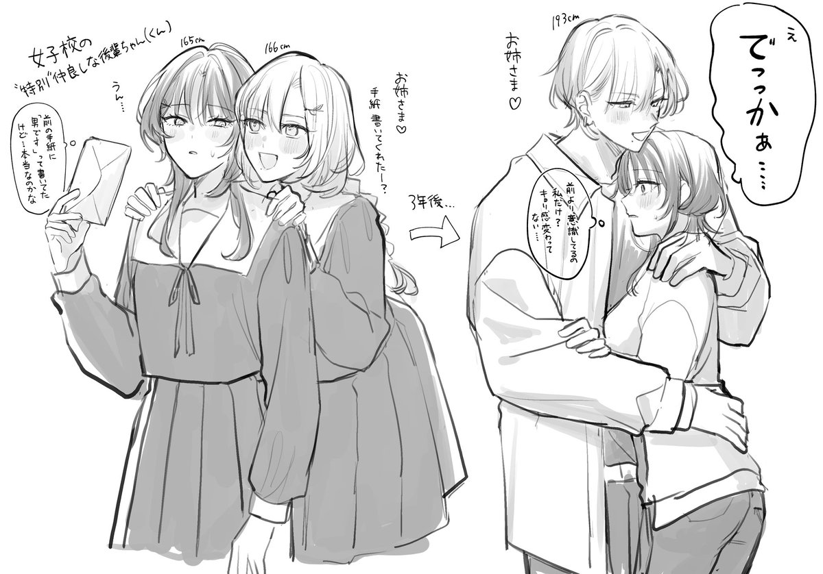 女子校の仲良しな後輩ちゃん(くん)が3年後クソデカくなってるっていう創作男女カプ落書き 