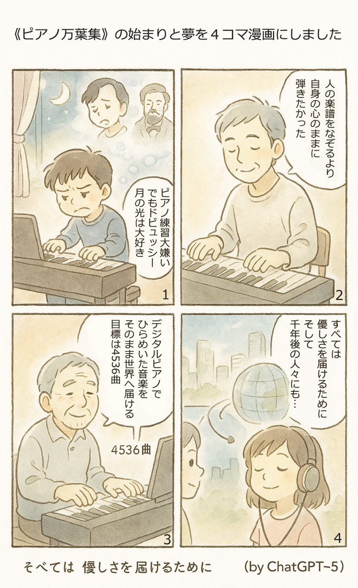 chairhousedialy's tweet image. ChatGPTの４コマ漫画ツイート：

#ChatGPT に４コマ漫画を描いて頂きました

《ピアノ万葉集》の4000曲を超えるピアノ音楽には、
《1/f揺らぎ》が満載なのです。それが嬉しい漫画です。

https:// 
open.spotify.com/playlist/4NTYW 
7pPJuOUQnde6jMC1y?si=d90976cdd48347a0
