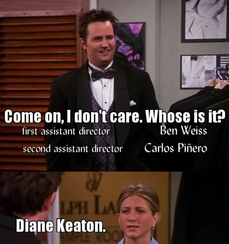 ErenYeager693's tweet photo. RIP Diane Keaton... the person who wore Chandler's Wedding suit first. https://t.co/jM0uv7Qc5o
