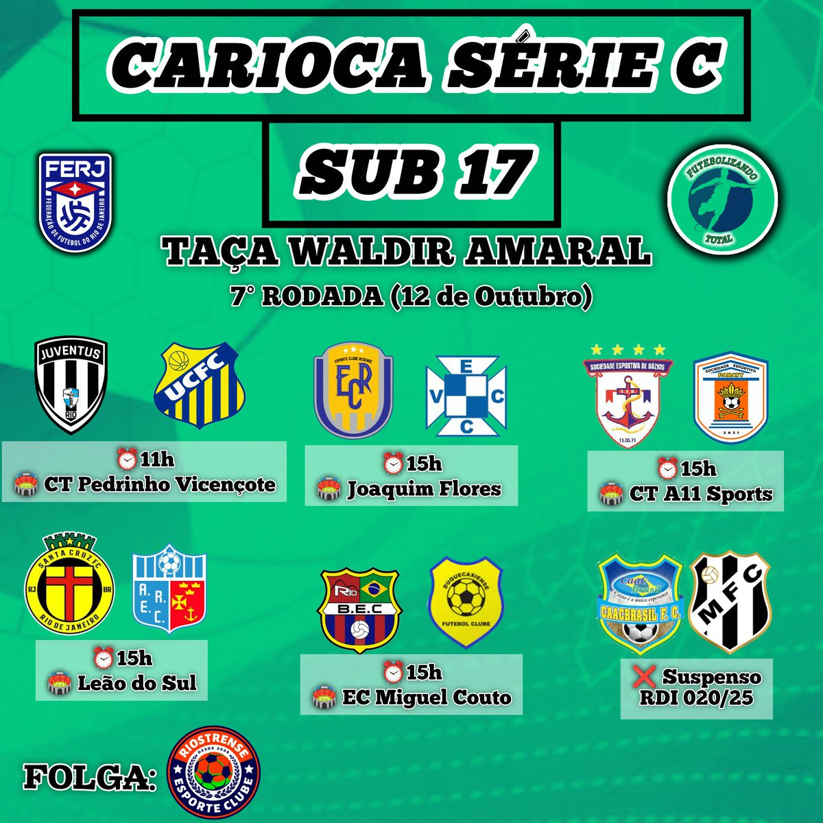 FutebolizandoTT's tweet photo. CARIOCA SÉRIE C SUB 17

Hoje tem a sétima rodada do campeonato Carioca Série C Sub 17!

Veja os confrontos da sétima rodada.

#CampeonatoCarioca #SérieCSub17 #Sub17 #CariocaSérieC #FutebolizandoTotal https://t.co/eRj8KlKZwv
